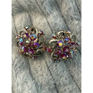 Vintage Pink Aurora Borealis Clip-On Earrings Rhinestone Enamel BLING #451
